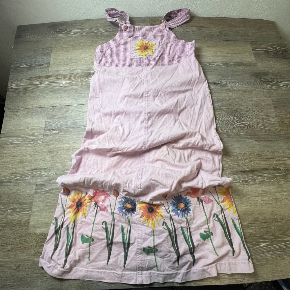 Julie Mango Pinafore Dress Women Small Pink Gingham Floral Sunflower Vintage USA